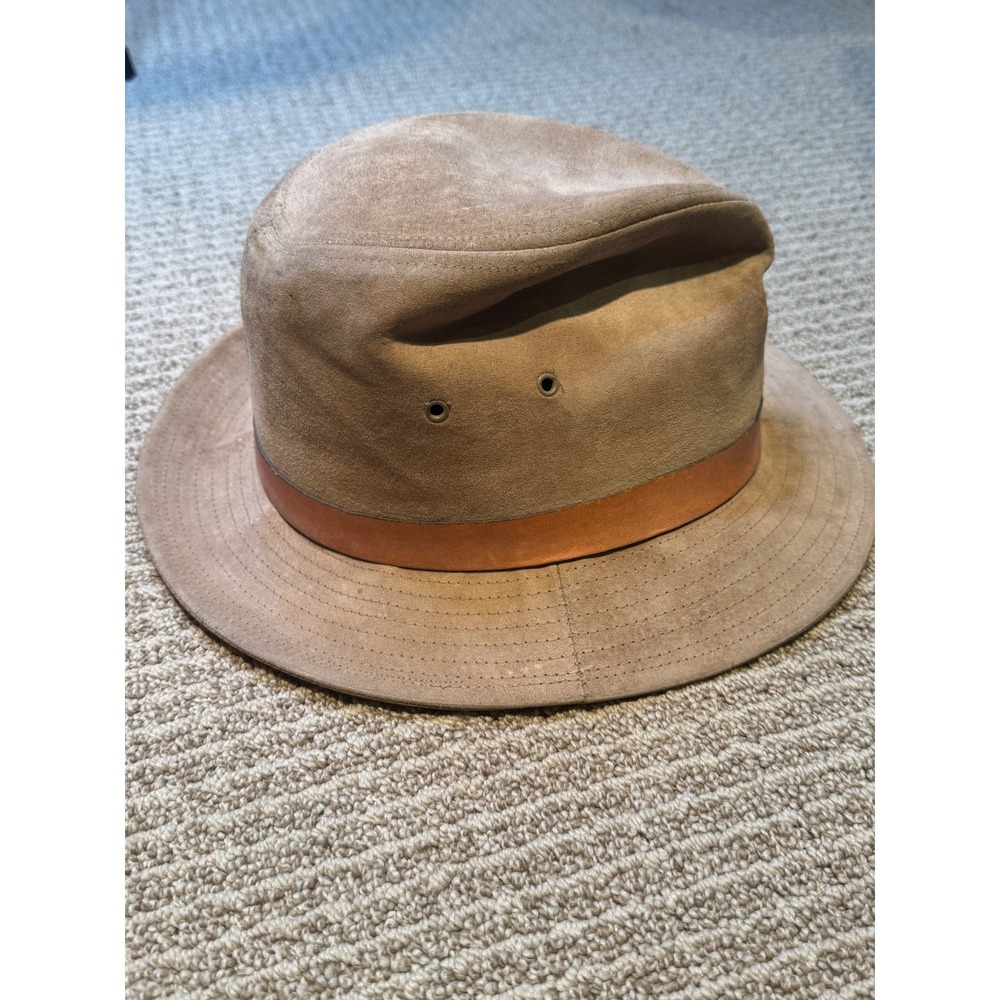 Eddie Bauer Suede Leather Safari Hat Tan Wide Brim Outdoor Fedora Hiking Mens